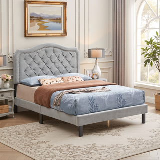 Sunvega Modern Upholstered King Size Platform Bed Frame with Button Tufted Headboard