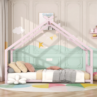 Sunvega Pink Full Size Metal House Bed with Playhouse Roof Design for Kids