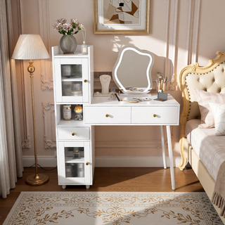 Sunvega 7-Drawer Vanity Desk with LED Mirror Jewelry Storage and PU Stool