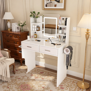 Sunvega 7-Drawer Vanity Desk with LED Mirror Jewelry Storage and PU Stool