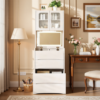 Sunvega 7-Drawer Vanity Desk with LED Mirror Jewelry Storage and PU Stool