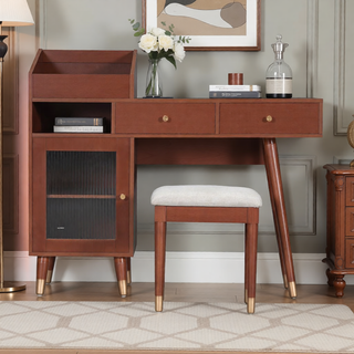 Sunvega Modern Makeup Vanity Desk with Drawers, Cabinet, Charging Port, and Stool
