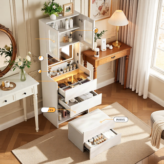 Sunvega 7-Drawer Vanity Desk with LED Mirror Jewelry Storage and PU Stool