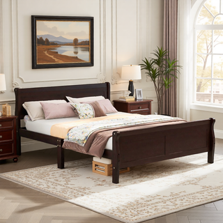 Sunvega Full Size Wood Platform Bed with Headboard and Classic Solid Wood Slat Support