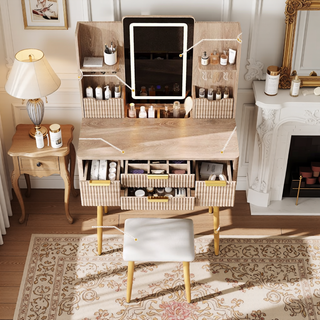 Sunvega 7-Drawer Vanity Desk with LED Mirror Jewelry Storage and PU Stool