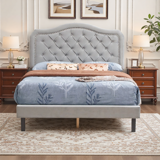 Sunvega Modern Upholstered King Size Platform Bed Frame with Button Tufted Headboard