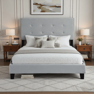 Sunvega Modern Upholstered King Size Platform Bed Frame with Button Tufted Headboard