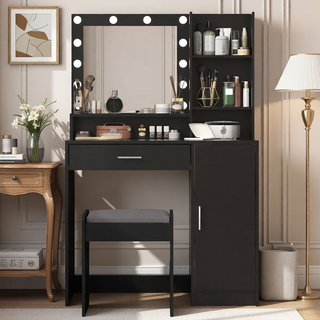Sunvega Makeup Vanity Desk with Mirror Light and Large Drawer Three Level Storage