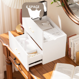 Sunvega White Glass Top Vanity Desk with 10 Drawers and Lighted Mirror