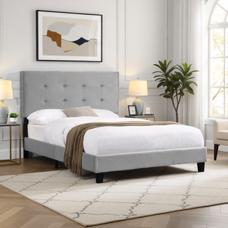 Sunvega Modern Upholstered King Size Platform Bed Frame with Button Tufted Headboard