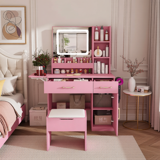 Sunvega 7-Drawer Vanity Desk with LED Mirror Jewelry Storage and PU Stool