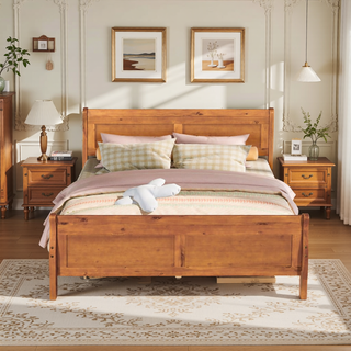 Sunvega Full Size Wood Platform Bed with Headboard and Classic Solid Wood Slat Support
