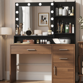 Sunvega Makeup Vanity Desk with Mirror Light and Large Drawer Three Level Storage