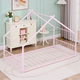 Sunvega Pink Full Size Metal House Bed with Playhouse Roof Design for Kids