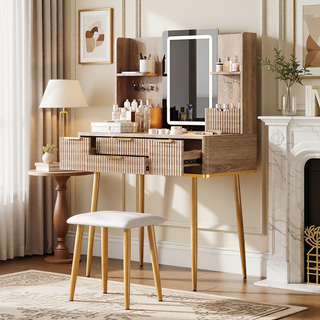 Sunvega 7-Drawer Vanity Desk with LED Mirror Jewelry Storage and PU Stool