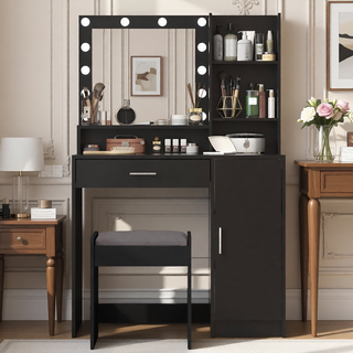 Sunvega Makeup Vanity Desk with Mirror Light and Large Drawer Three Level Storage