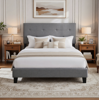 Sunvega Modern Upholstered King Size Platform Bed Frame with Button Tufted Headboard