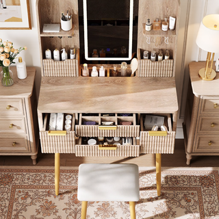 Sunvega 7-Drawer Vanity Desk with LED Mirror Jewelry Storage and PU Stool