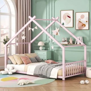 Sunvega Pink Full Size Metal House Bed with Playhouse Roof Design for Kids
