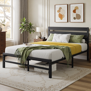 Sunvega Queen Size Platform Bed Frame with Wooden Headboard and Under Bed Storage
