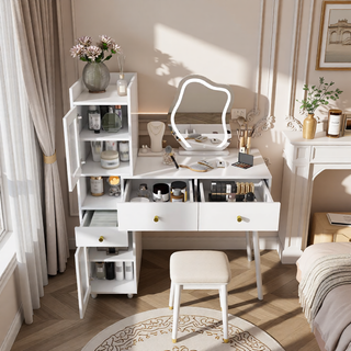 Sunvega 7-Drawer Vanity Desk with LED Mirror Jewelry Storage and PU Stool