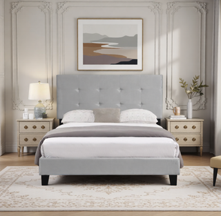 Sunvega Modern Upholstered King Size Platform Bed Frame with Button Tufted Headboard