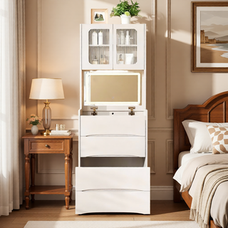 Sunvega 7-Drawer Vanity Desk with LED Mirror Jewelry Storage and PU Stool
