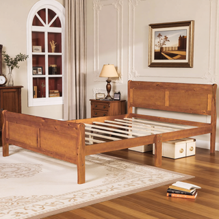 Sunvega Full Size Wood Platform Bed with Headboard and Classic Solid Wood Slat Support
