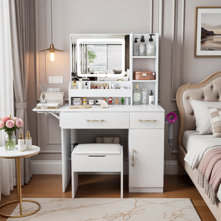 Sunvega 7-Drawer Vanity Desk with LED Mirror Jewelry Storage and PU Stool