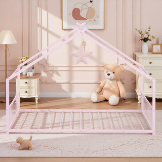 Sunvega Pink Full Size Metal House Bed with Playhouse Roof Design for Kids