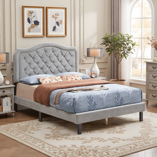 Sunvega Modern Upholstered King Size Platform Bed Frame with Button Tufted Headboard