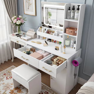 Sunvega 7-Drawer Vanity Desk with LED Mirror Jewelry Storage and PU Stool