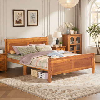 Sunvega Full Size Wood Platform Bed with Headboard and Classic Solid Wood Slat Support