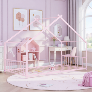 Sunvega Pink Full Size Metal House Bed with Playhouse Roof Design for Kids