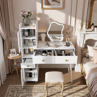 Sunvega 7-Drawer Vanity Desk with LED Mirror Jewelry Storage and PU Stool