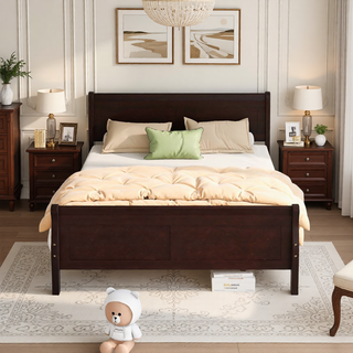 Sunvega Full Size Wood Platform Bed with Headboard and Classic Solid Wood Slat Support