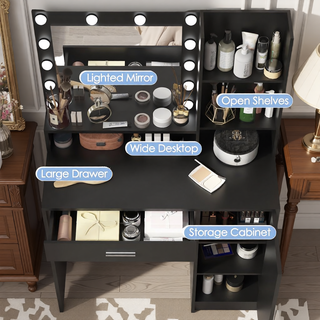 Sunvega Makeup Vanity Desk with Mirror Light and Large Drawer Three Level Storage