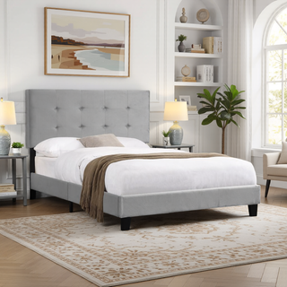 Sunvega Modern Upholstered King Size Platform Bed Frame with Button Tufted Headboard