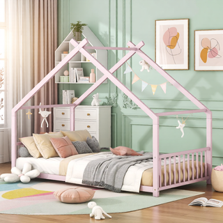 Sunvega Pink Full Size Metal House Bed with Playhouse Roof Design for Kids