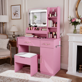 Sunvega 7-Drawer Vanity Desk with LED Mirror Jewelry Storage and PU Stool