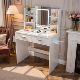 Sunvega 7-Drawer Vanity Desk with LED Mirror Jewelry Storage and PU Stool