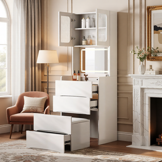 Sunvega 7-Drawer Vanity Desk with LED Mirror Jewelry Storage and PU Stool