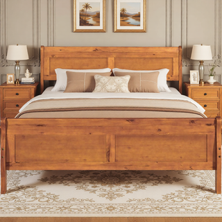 Sunvega Full Size Wood Platform Bed with Headboard and Classic Solid Wood Slat Support