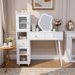 Sunvega 7-Drawer Vanity Desk with LED Mirror Jewelry Storage and PU Stool
