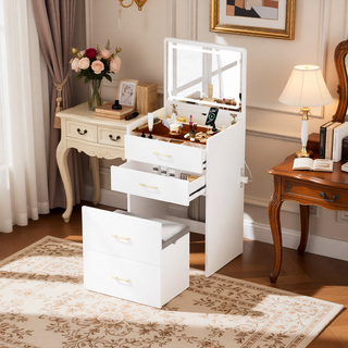 Sunvega White Glass Top Vanity Desk with 10 Drawers and Lighted Mirror
