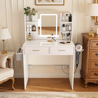 Sunvega 7-Drawer Vanity Desk with LED Mirror Jewelry Storage and PU Stool