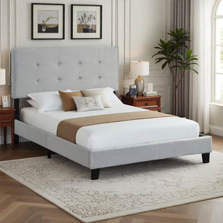Sunvega Modern Upholstered King Size Platform Bed Frame with Button Tufted Headboard