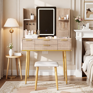 Sunvega 7-Drawer Vanity Desk with LED Mirror Jewelry Storage and PU Stool