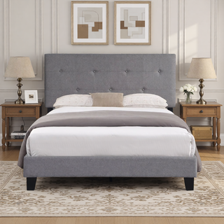 Sunvega Modern Upholstered King Size Platform Bed Frame with Button Tufted Headboard