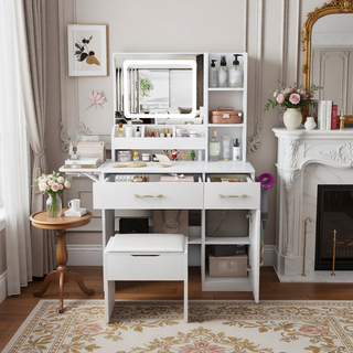Sunvega 7-Drawer Vanity Desk with LED Mirror Jewelry Storage and PU Stool